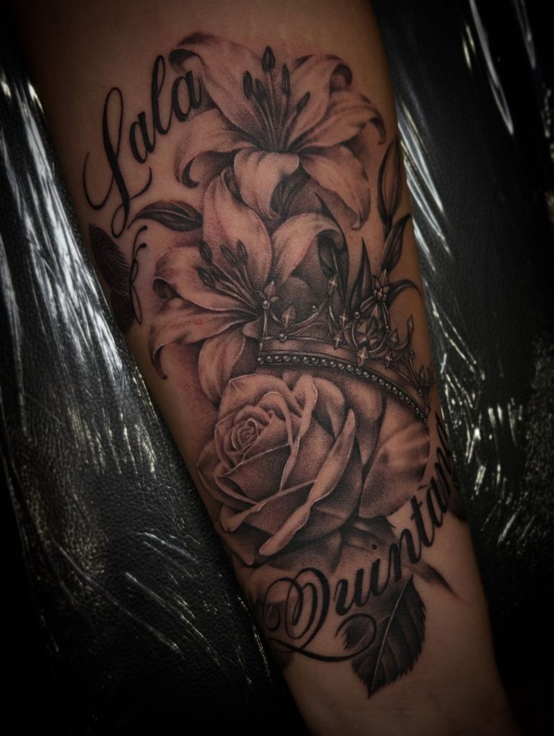 Black and grey roses and lilies with script lettering