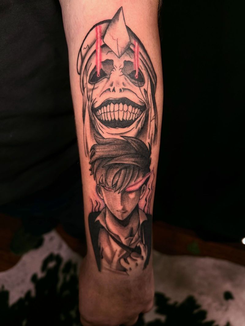 Black and grey anime forearm piece with red accents