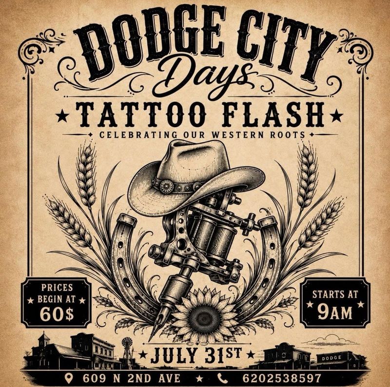 Dodge City Days tattoo flash poster with a cowboy hat and tattoo machine