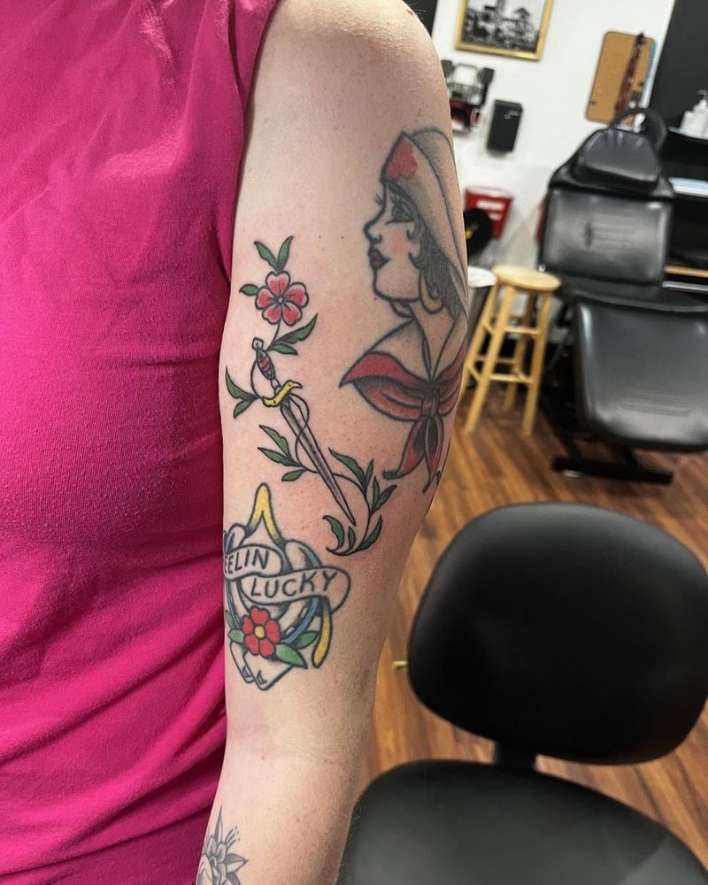 Traditional sailor girl with flowers and a Livin' Lucky banner